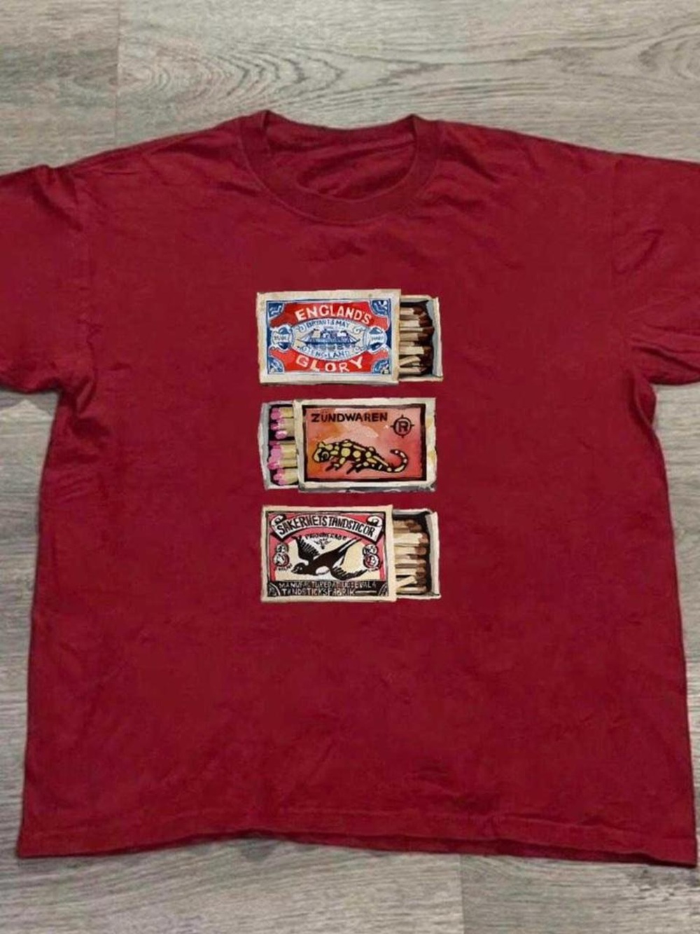 Antique cherry Red Graphic T-Shirt with Matchbox Print